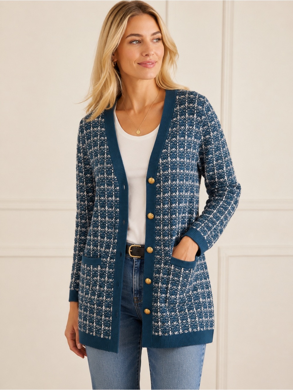 Talbots Plus Merino Wool Boucle Tweed Cardigan Jacket Gold Buttons Blue X
